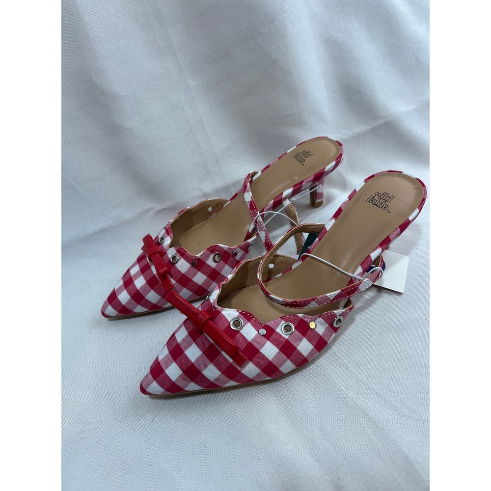 Wild Fable Red Gingham Pointed Toe Kitten Heel Mules with Bow Detail Size 6 NEW
